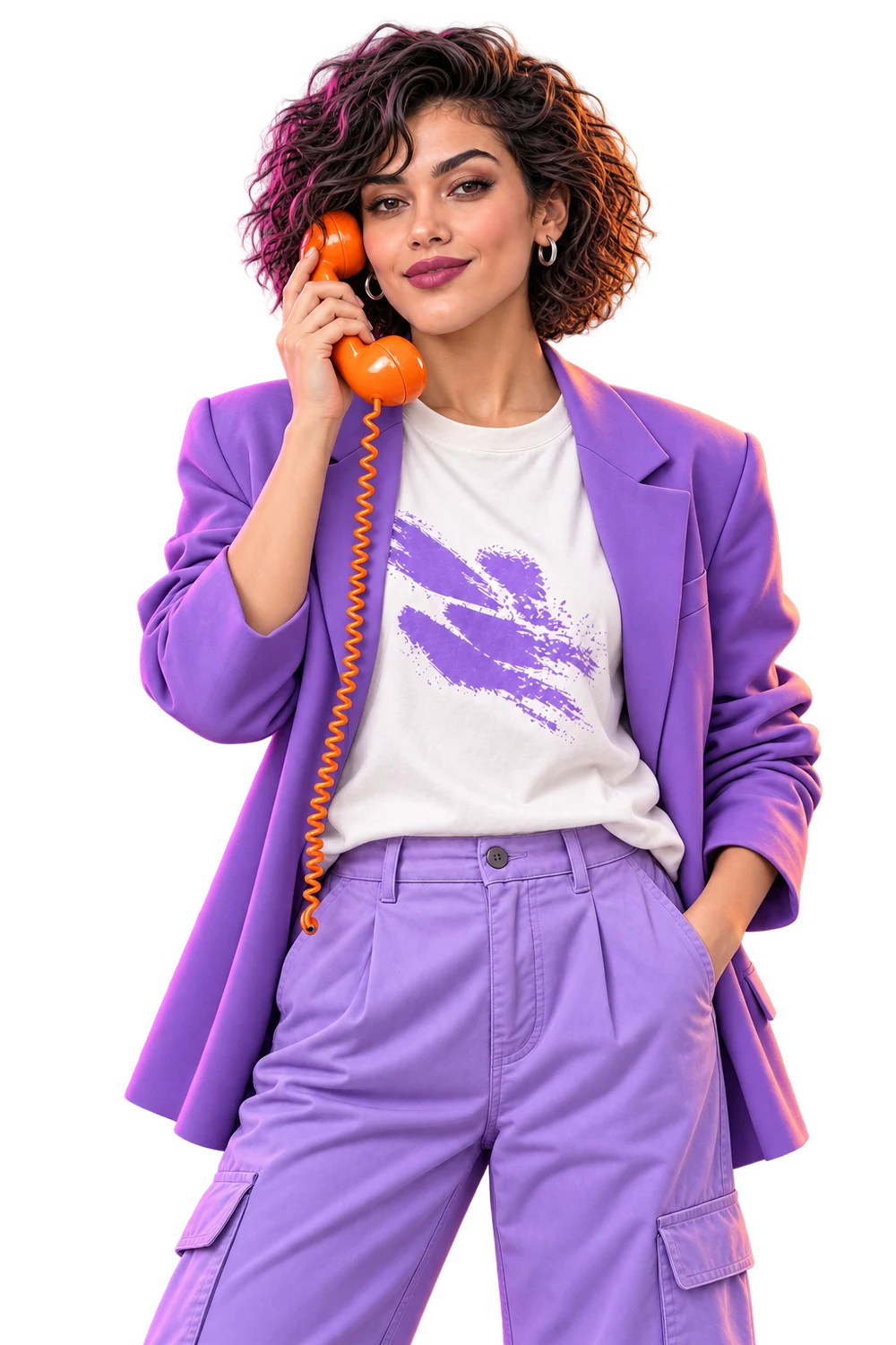 Modelo ficticia de Drianka con blazer violeta y un teléfono naranja, en una pose de conversación.