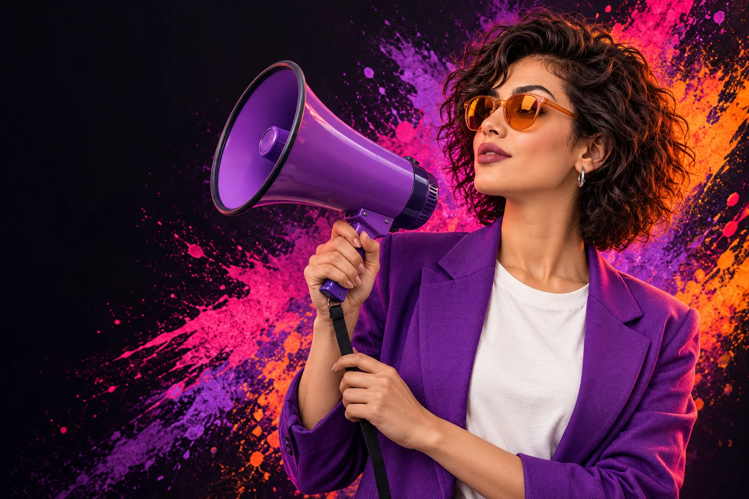 Personaje de Drianka con un megáfono violeta, entre pinceladas magenta y naranja.